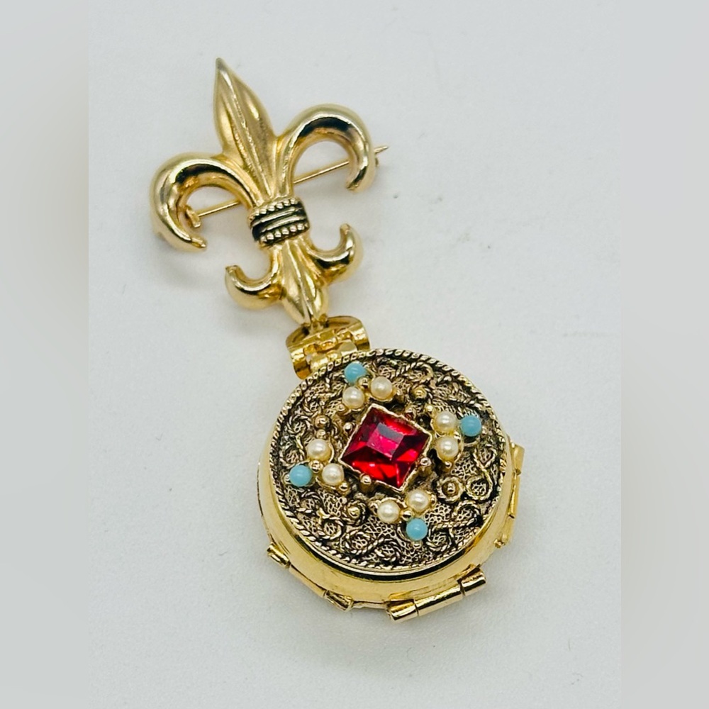 Vintage Coro Pegasus Locket Brooch Pin 4 Way Gold Tone Pin Ruby Turquoise - Picture 2 of 8